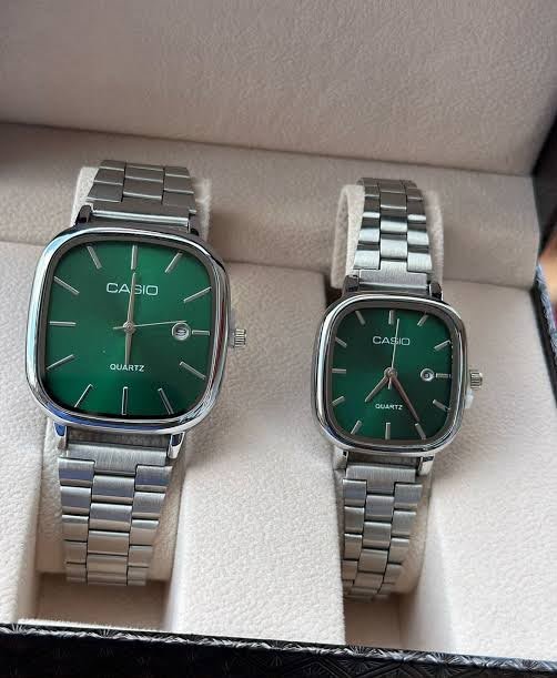 Casio Couple Watch- Quartz Classic Silver Watch with Green Dial For Men & Women